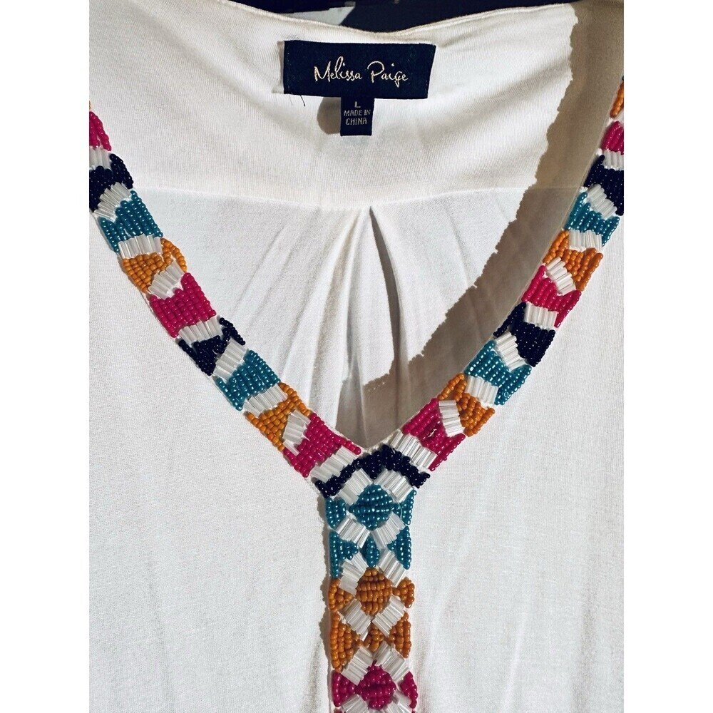 Melissa Paige Sz L Beaded V Neck Top Blouse Roll Tab Sleeves